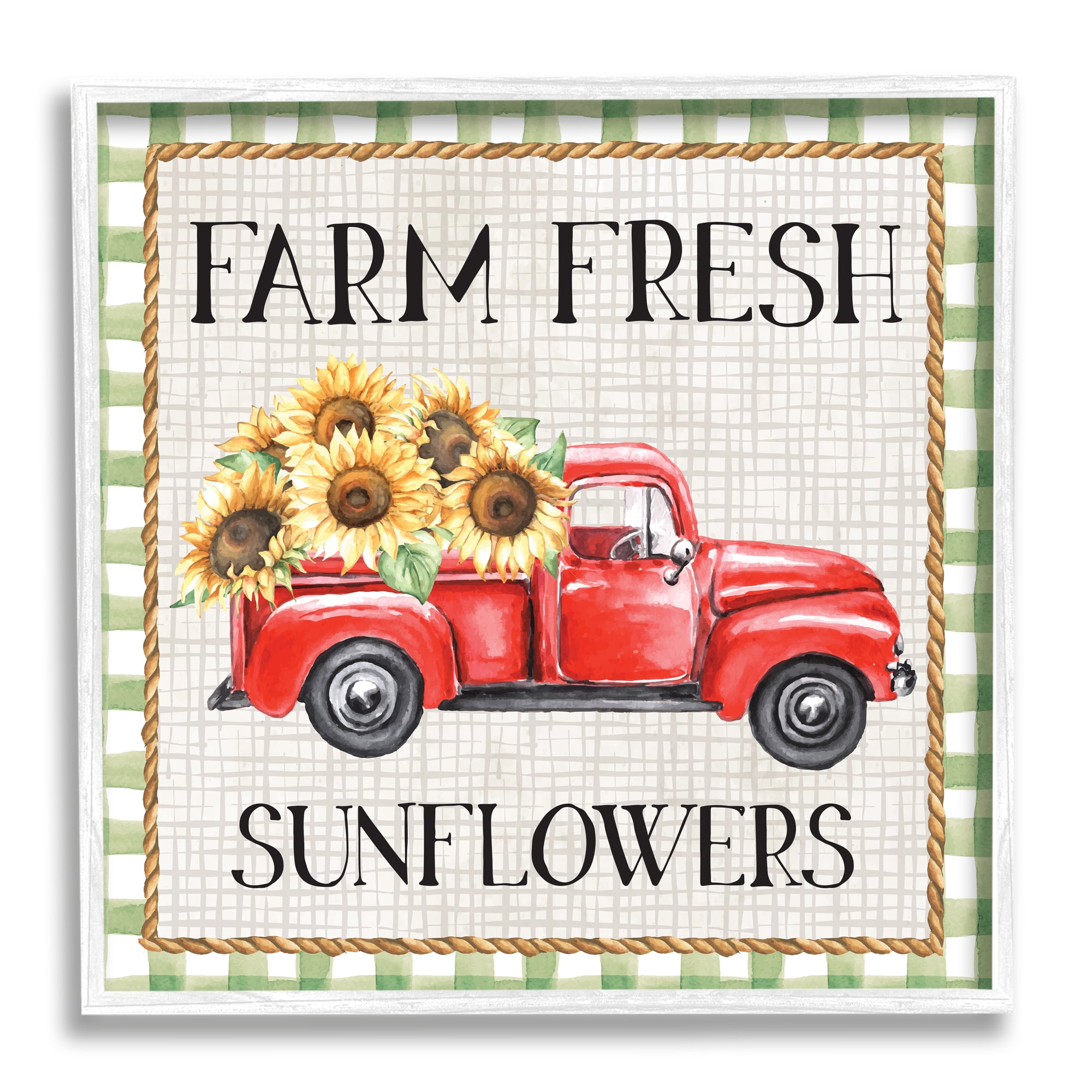 Stupell Gingham Farm Fresh Sunflowers Pattern Transportation Painting White Framed Art Print Wall Art