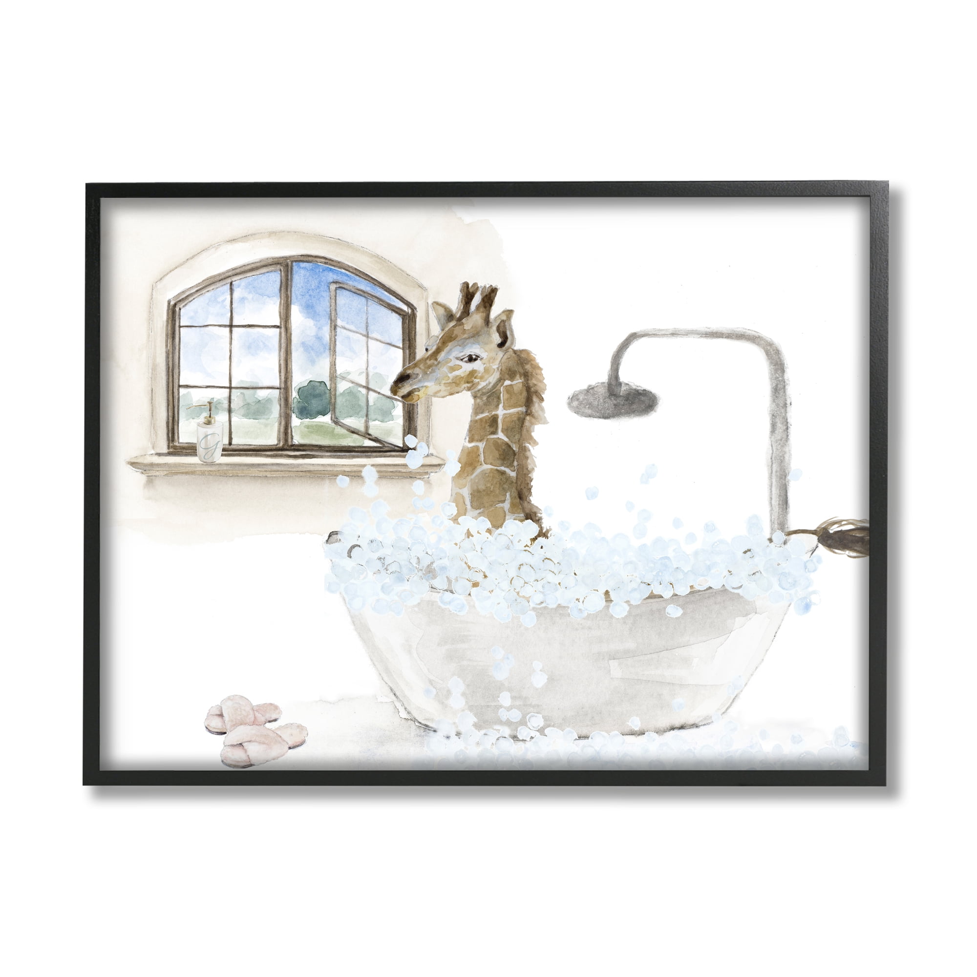 Stupell Giraffe Bubble Bath Animal Scene Animals & Insects Painting Black Framed Art Print Wall Art