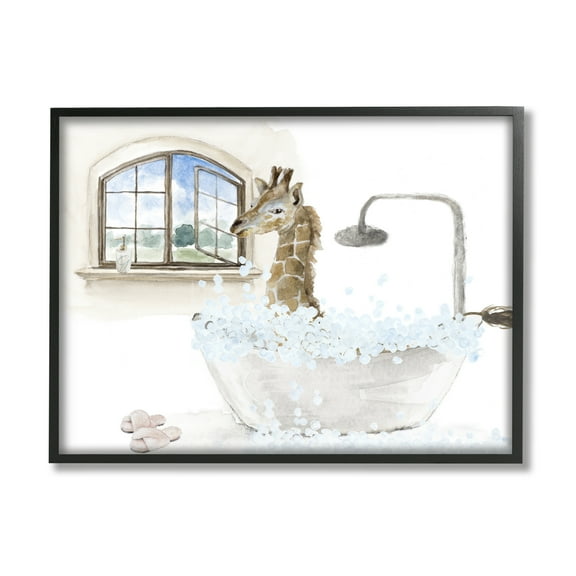 Stupell Giraffe Bubble Bath Animal Scene Animals & Insects Painting Black Framed Art Print Wall Art