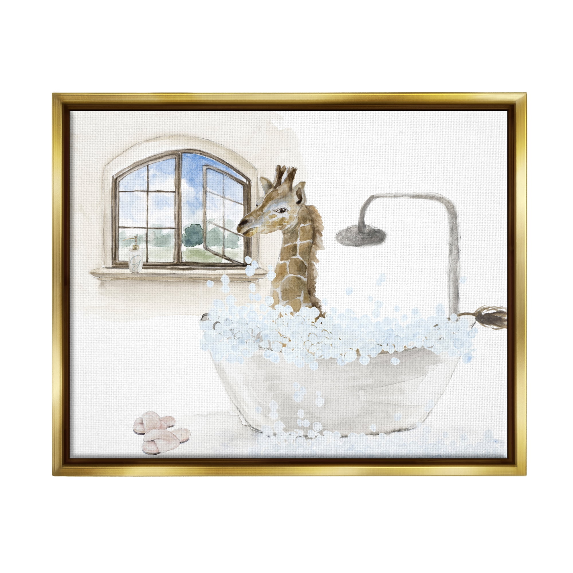 Stupell Giraffe Bubble Bath Animal Scene Animals & Insects Painting Gold Floater Framed Art Print Wall Art