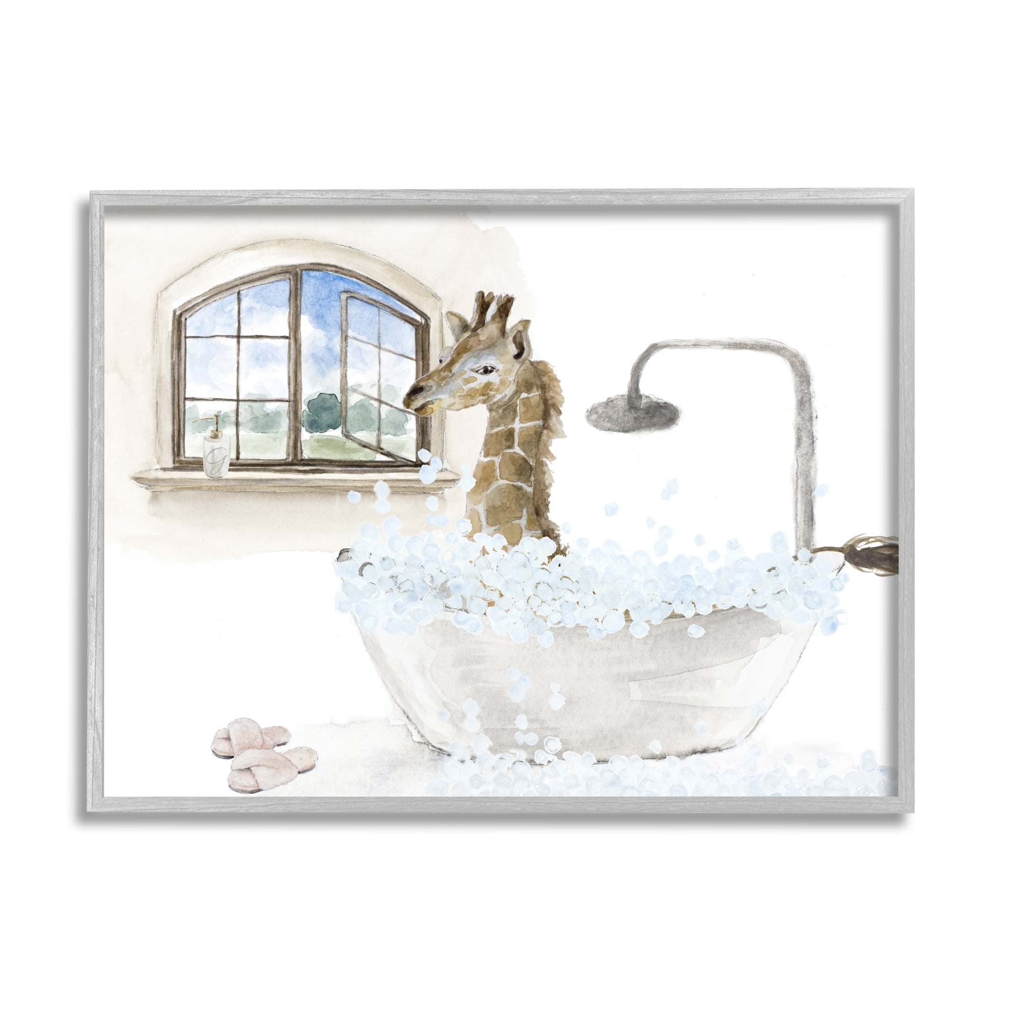 Stupell Giraffe Bubble Bath Animal Scene Animals & Insects Painting Gray Framed Art Print Wall Art