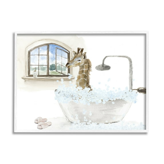 Stupell Giraffe Bubble Bath Animal Scene Animals & Insects Painting White Framed Art Print Wall Art