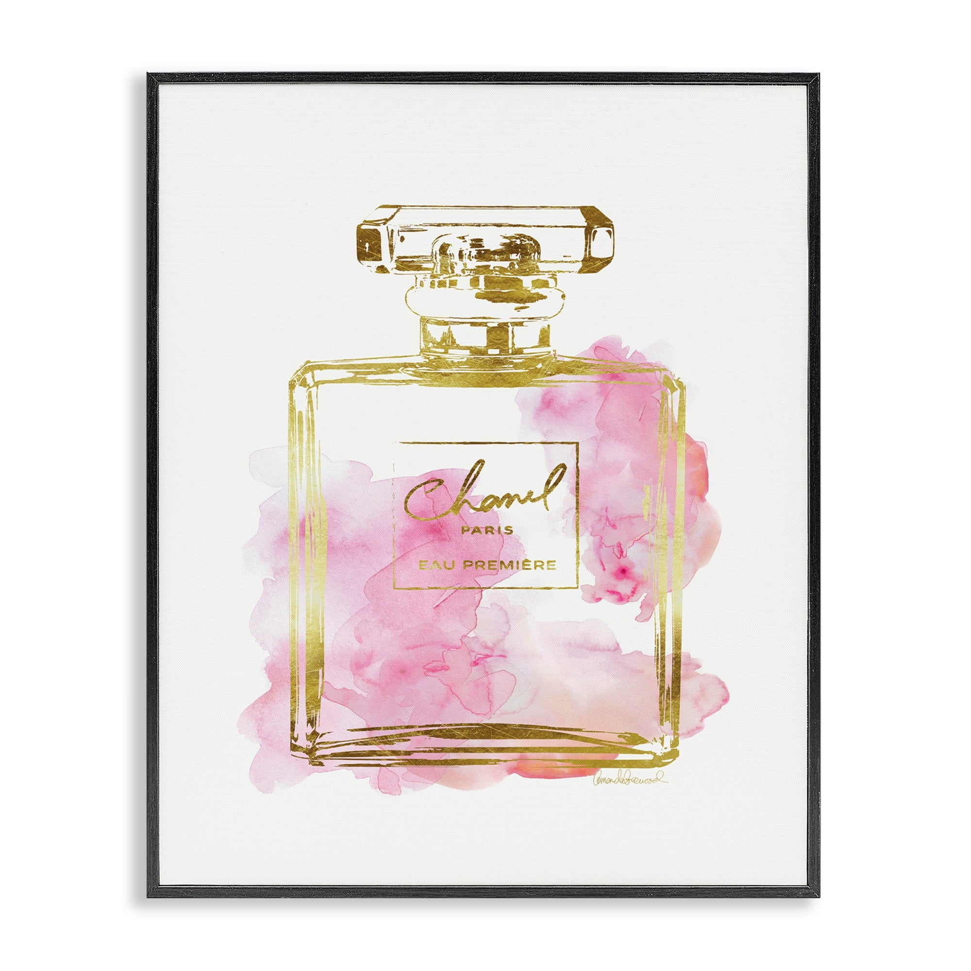 Glam Perfume Bottle Gold and Pink Canvas Print in Ebony Frame
