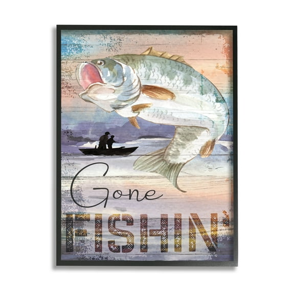 Stupell Gone Fishin' Bass Angler Marine Life Landscape Painting Black Framed Art Print Wall Art