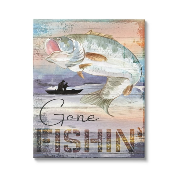 Stupell Gone Fishin' Bass Angler Marine Life Landscape Painting Gallery Wrapped Canvas Print Wall Art