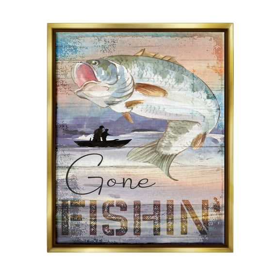 Stupell Gone Fishin' Bass Angler Marine Life Landscape Painting Gold Floater Framed Art Print Wall Art