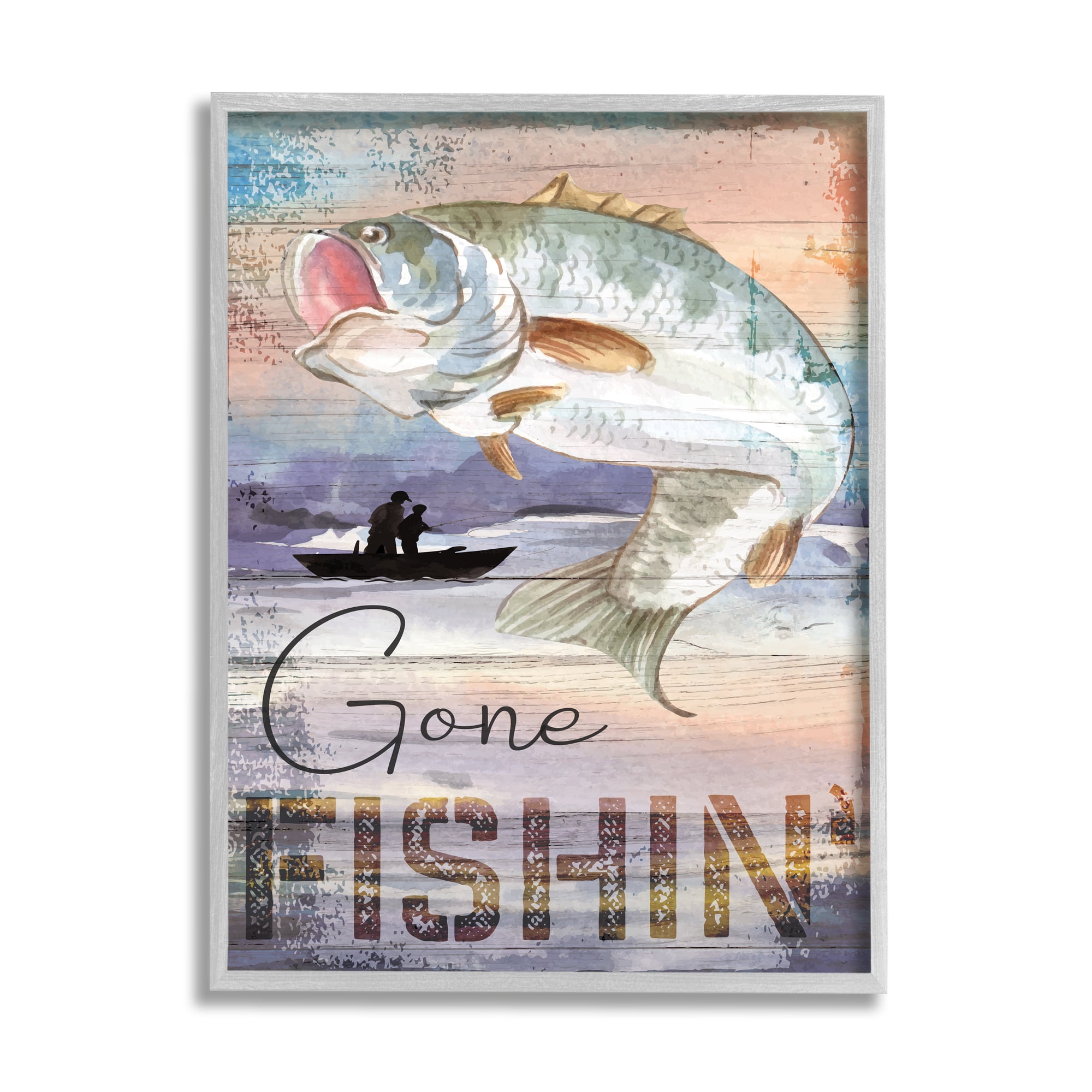 Stupell Gone Fishin' Bass Angler Marine Life Landscape Painting Gray Framed Art Print Wall Art