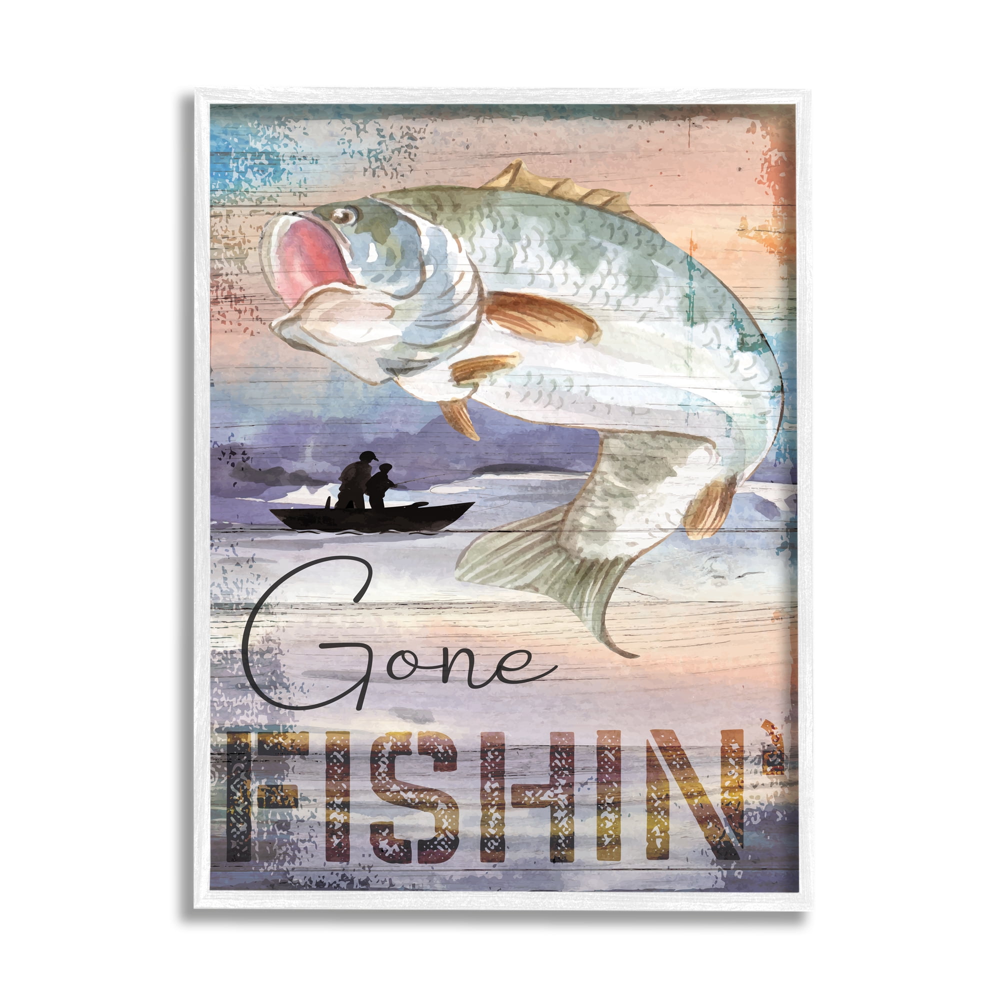Stupell Gone Fishin' Bass Angler Marine Life Landscape Painting White Framed Art Print Wall Art