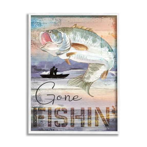 Stupell Gone Fishin' Bass Angler Marine Life Landscape Painting White Framed Art Print Wall Art