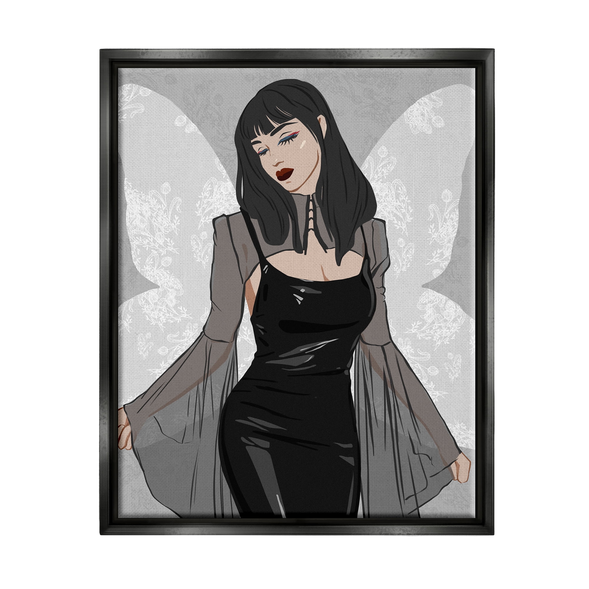 Stupell Goth Fashion Girl Botanical Pattern Beauty & Fashion Painting Black Floater Framed Art Print Wall Art