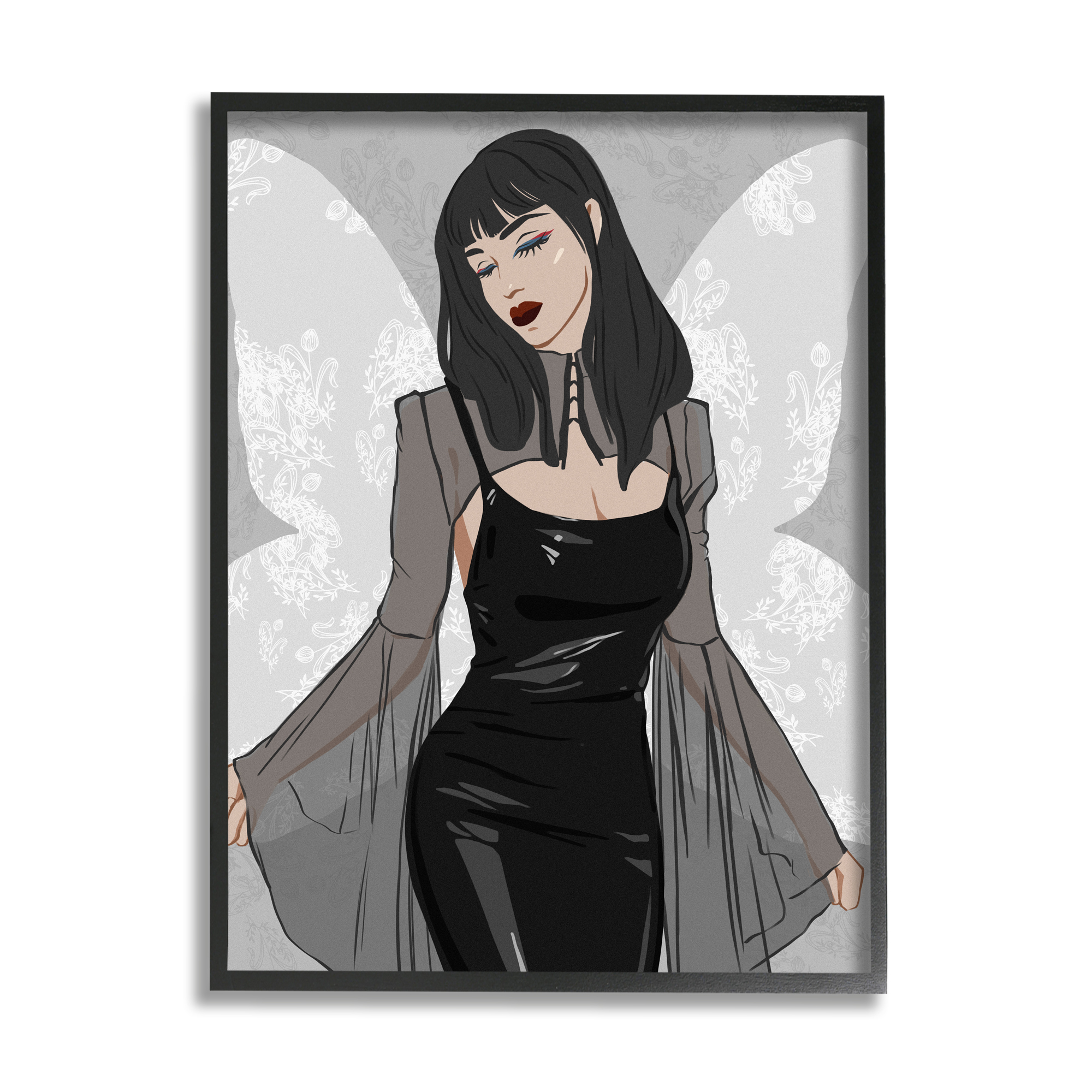 Stupell Goth Fashion Girl Botanical Pattern Beauty & Fashion Painting Black Framed Art Print Wall Art
