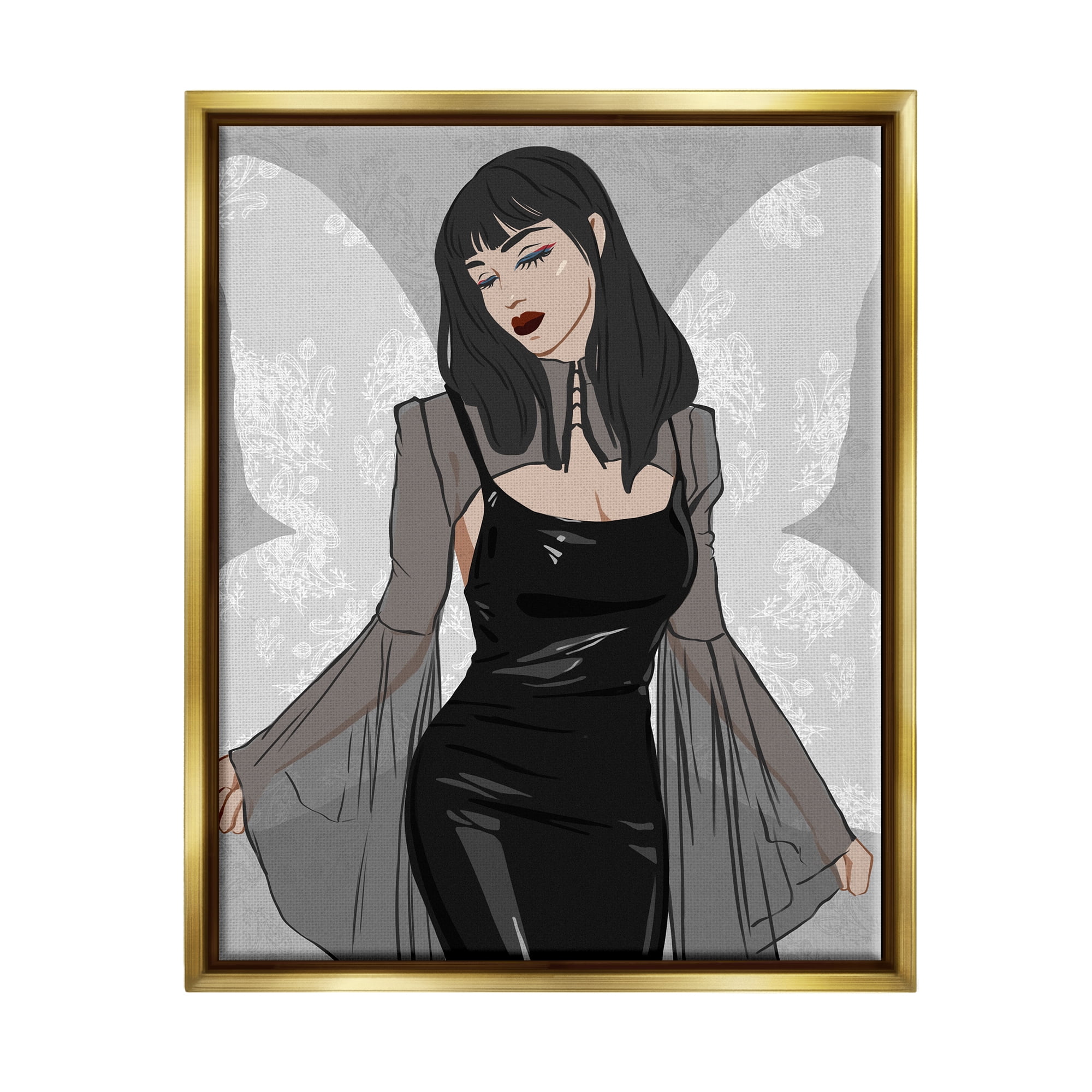 Stupell Goth Fashion Girl Botanical Pattern Beauty & Fashion Painting Gold Floater Framed Art Print Wall Art