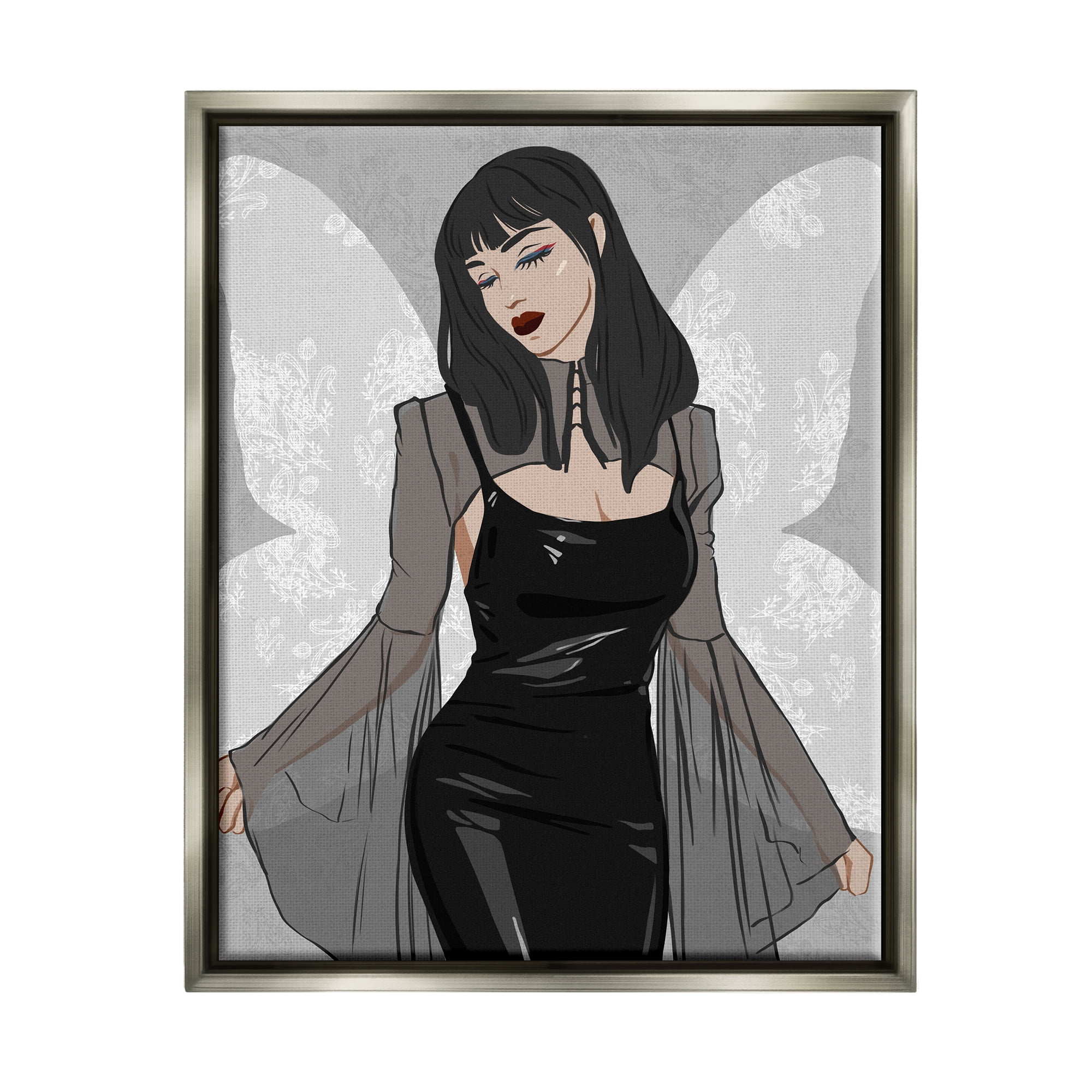 Stupell Goth Fashion Girl Botanical Pattern Beauty & Fashion Painting Gray Floater Framed Art Print Wall Art