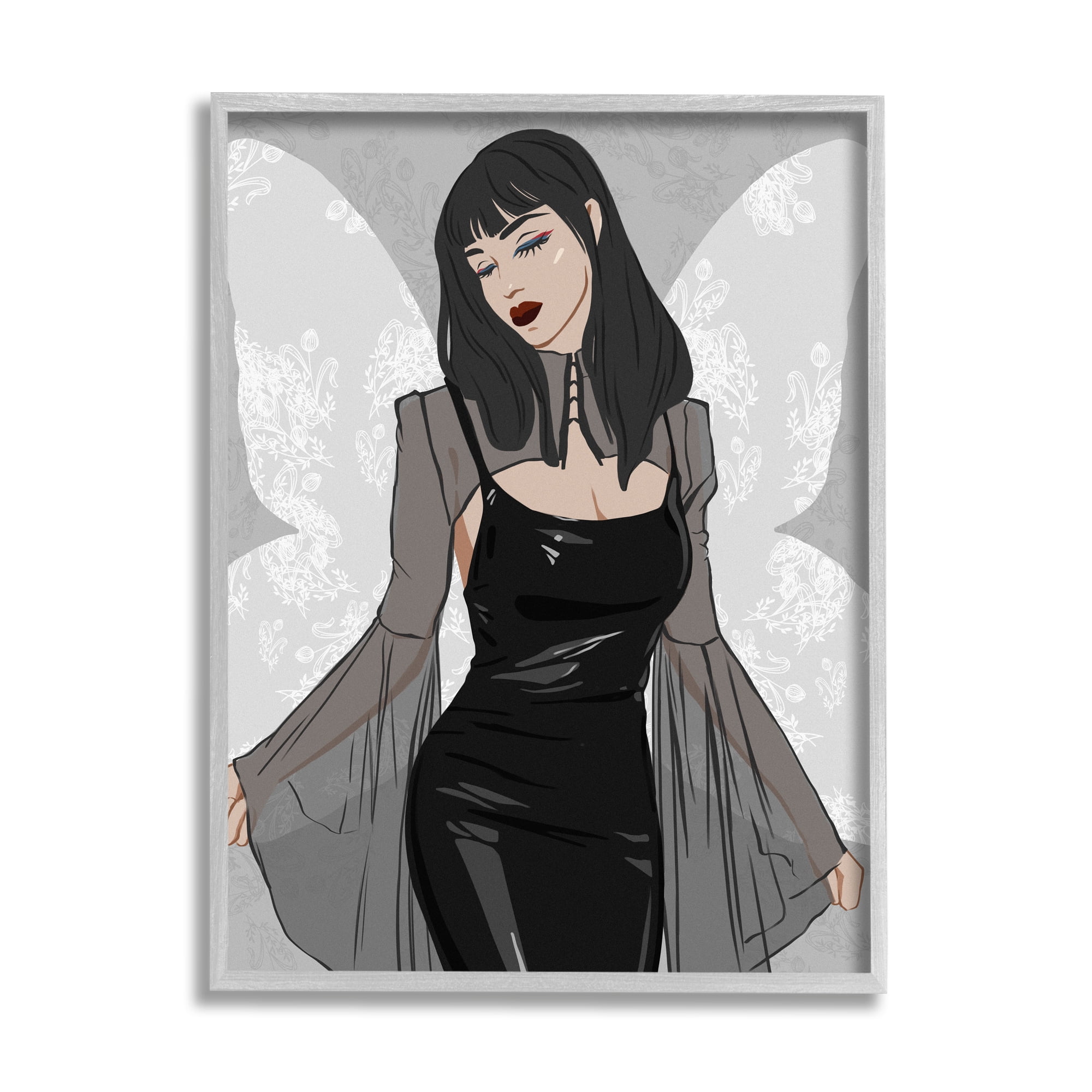 Stupell Goth Fashion Girl Botanical Pattern Beauty & Fashion Painting Gray Framed Art Print Wall Art