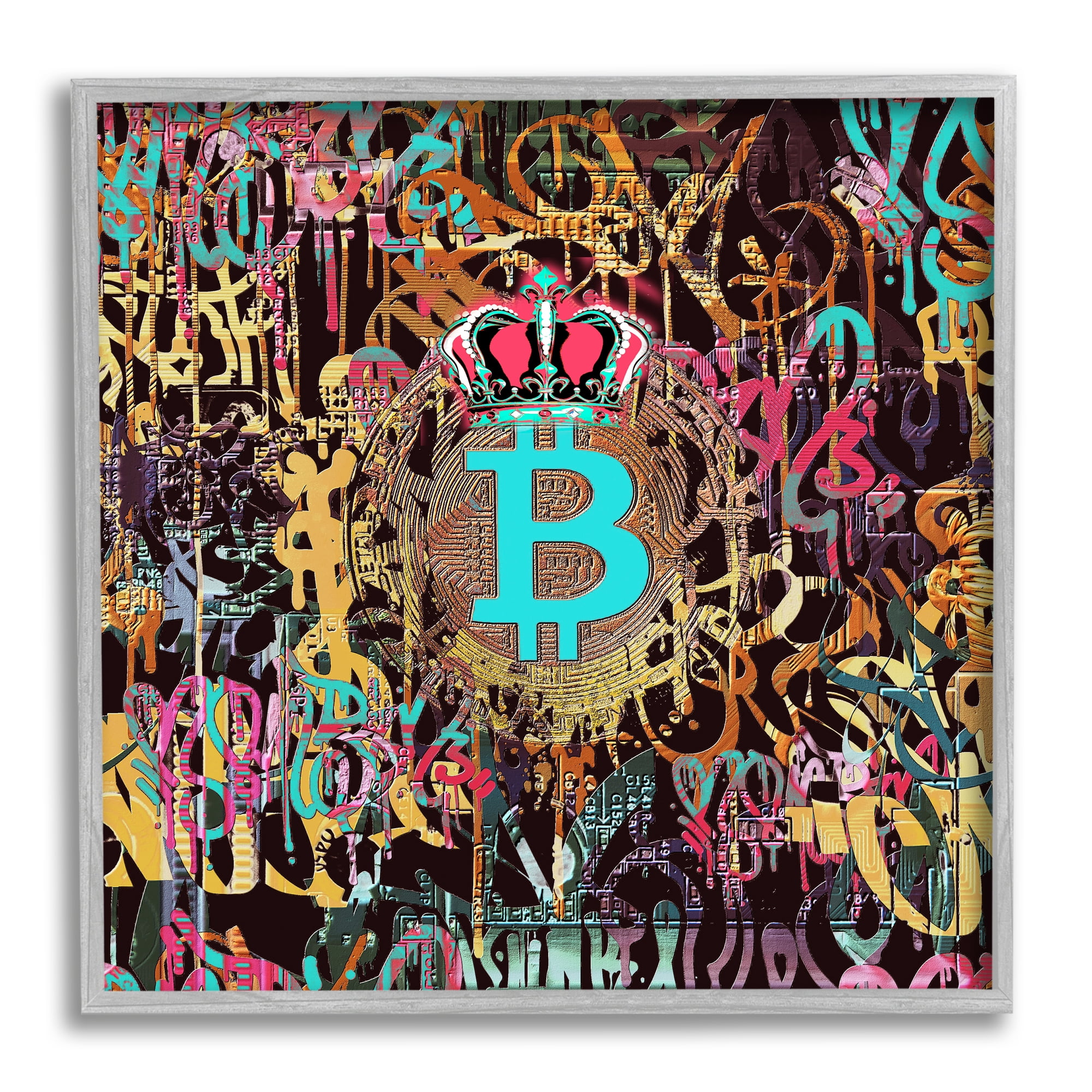 Stupell Graffiti Street Style Bitcoin Symbol Beauty & Fashion Painting Gray Framed Art Print Wall Art