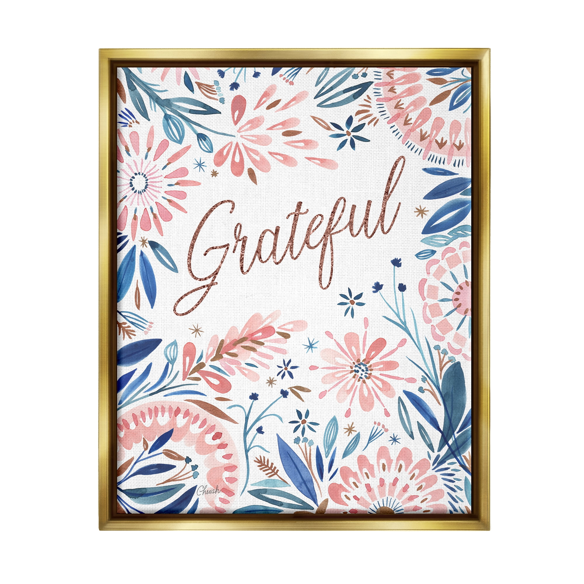 Stupell Grateful Pink Floral Blossoms Botanical & Floral Painting Gold Floater Framed Art Print Wall Art