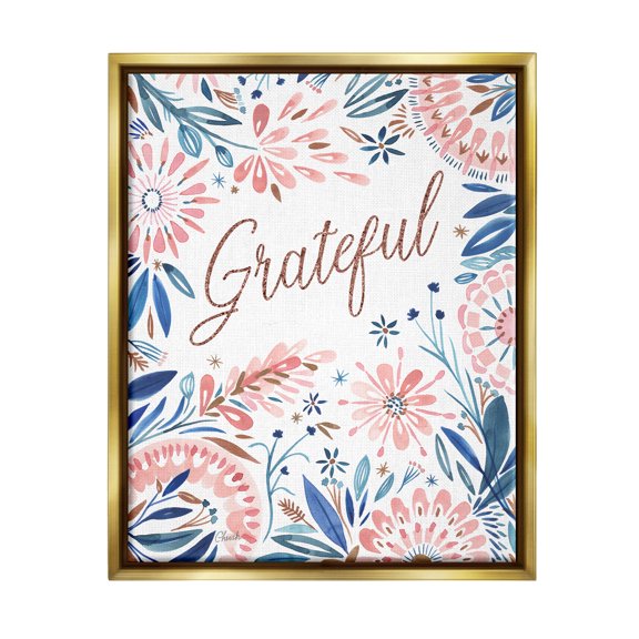Stupell Grateful Pink Floral Blossoms Botanical & Floral Painting Gold Floater Framed Art Print Wall Art