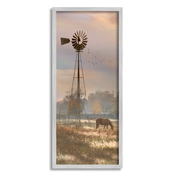 Stupell Grazing Horse Rural Windmill Pasture Landscape Photography Gray Framed Art Print Wall Art
