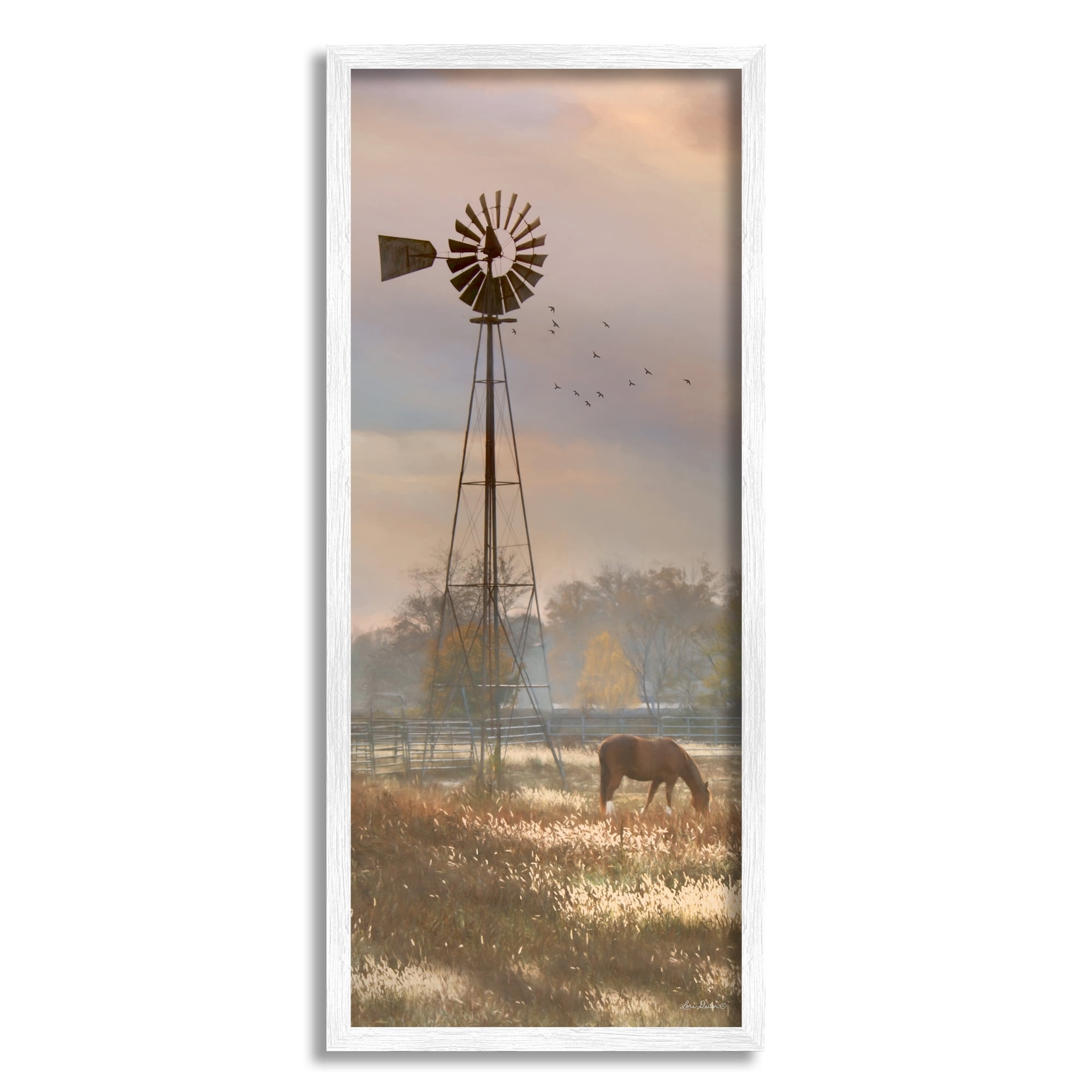Stupell Grazing Horse Rural Windmill Pasture Landscape Photography White Framed Art Print Wall Art