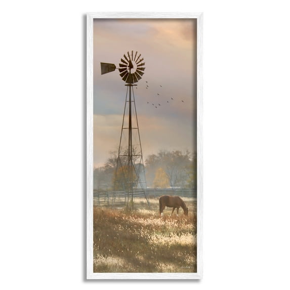 Stupell Grazing Horse Rural Windmill Pasture Landscape Photography White Framed Art Print Wall Art