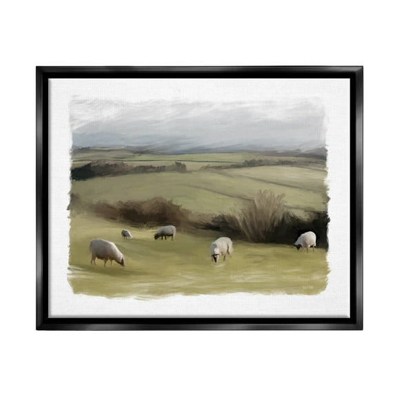 Stupell Grazing Sheep Herd Rural Fields Animals & Insects Painting Black Floater Framed Art Print Wall Art