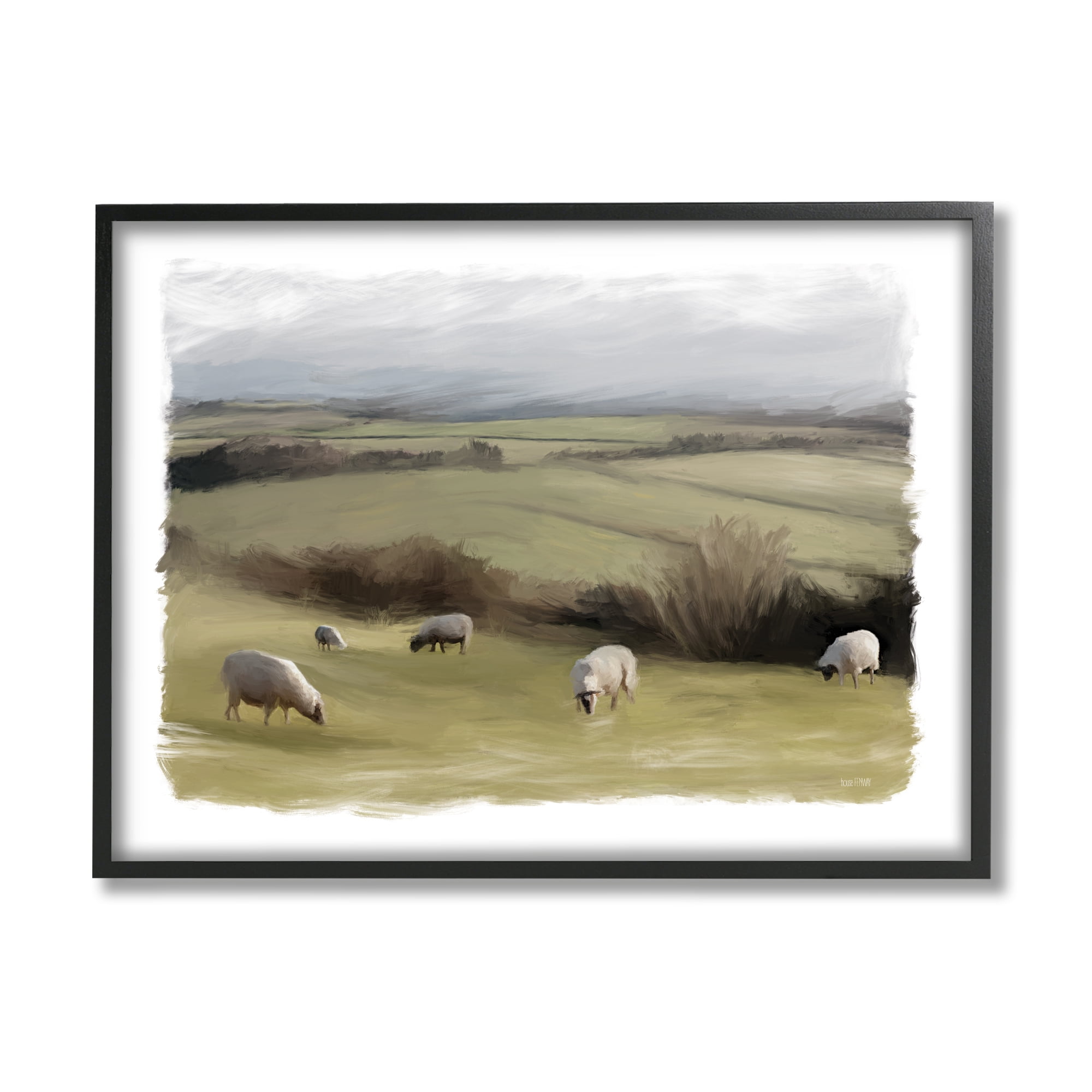 Stupell Grazing Sheep Herd Rural Fields Animals & Insects Painting Black Framed Art Print Wall Art