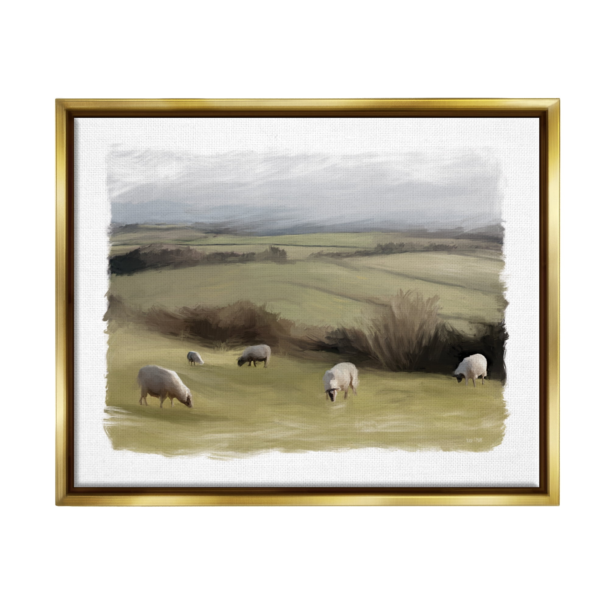 Stupell Grazing Sheep Herd Rural Fields Animals & Insects Painting Gold Floater Framed Art Print Wall Art