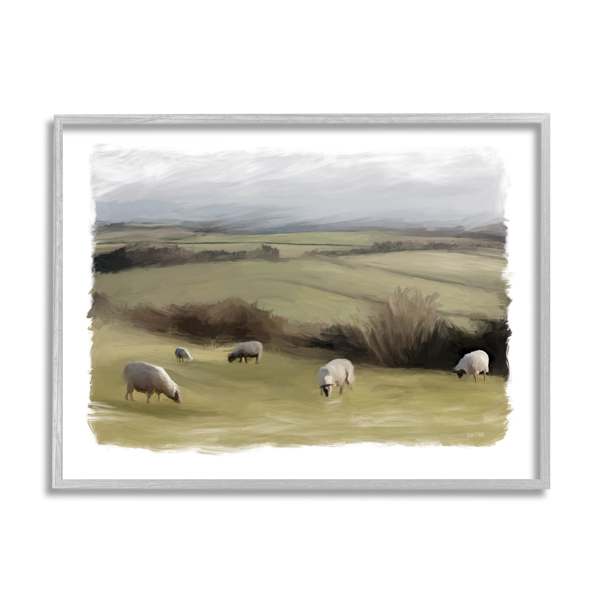 Stupell Grazing Sheep Herd Rural Fields Animals & Insects Painting Gray Framed Art Print Wall Art