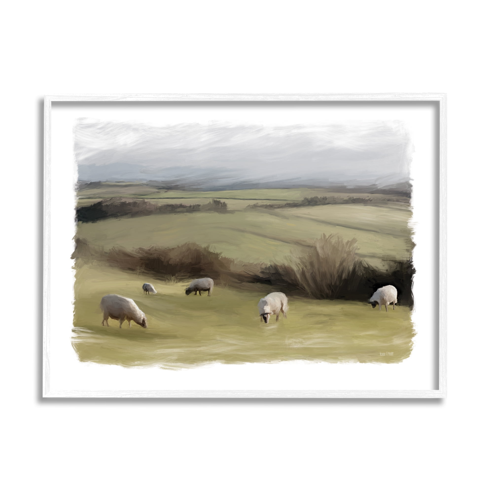 Stupell Grazing Sheep Herd Rural Fields Animals & Insects Painting White Framed Art Print Wall Art