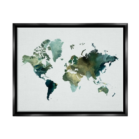 Stupell Green Toned World Map Travel & Places Painting Black Floater Framed Art Print Wall Art