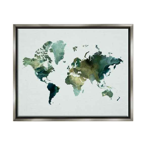 Stupell Green Toned World Map Travel & Places Painting Gray Floater Framed Art Print Wall Art