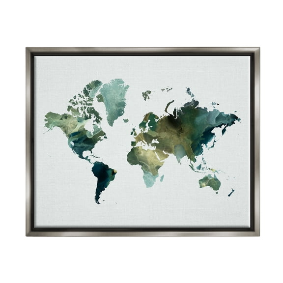 Stupell Green Toned World Map Travel & Places Painting Gray Floater Framed Art Print Wall Art