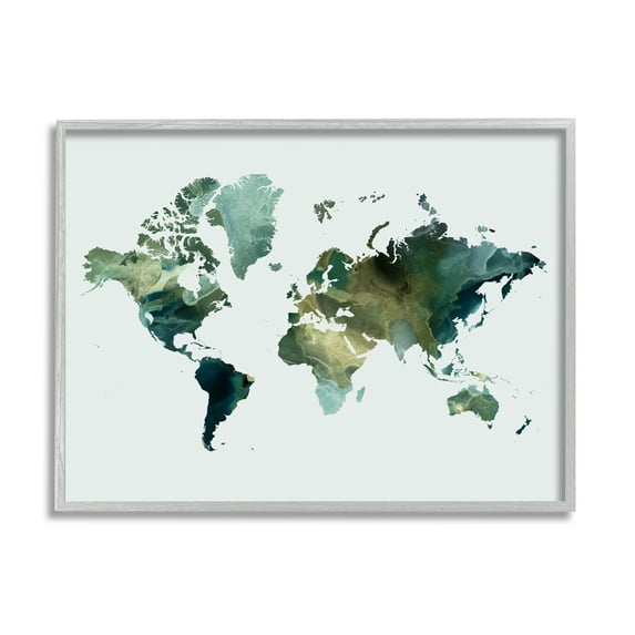 Stupell Green Toned World Map Travel & Places Painting Gray Framed Art Print Wall Art