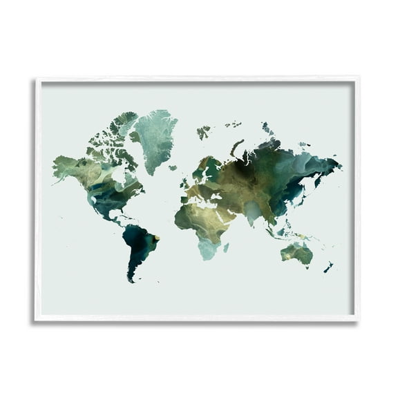 Stupell Green Toned World Map Travel & Places Painting White Framed Art Print Wall Art
