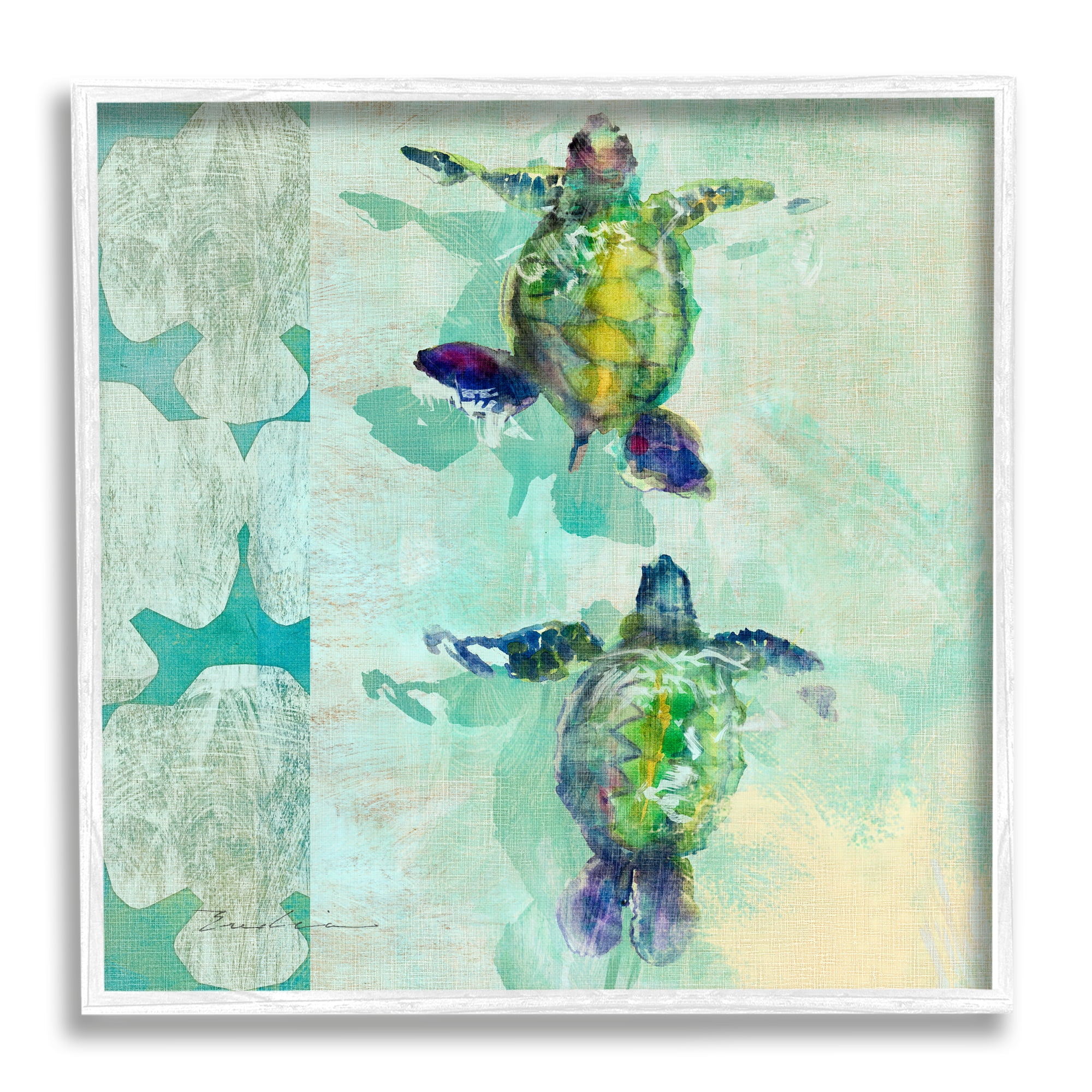 White Framed Green Turtles Swimming Abstract Shapes Wall Art