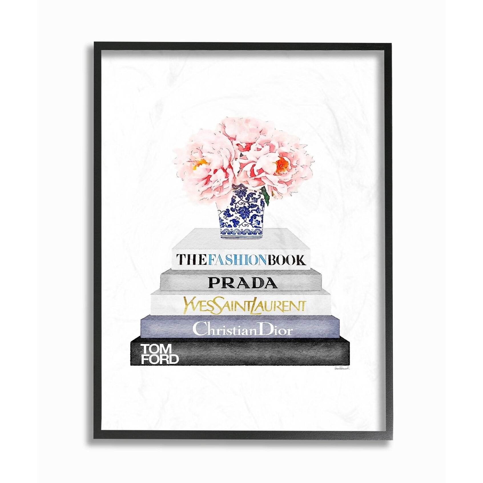 Stupell Grey Fashion Bookstack with Pink Flowers Framed Art, 11 x 14, Proudly Made Domestically - Multi-Color 24 x 30