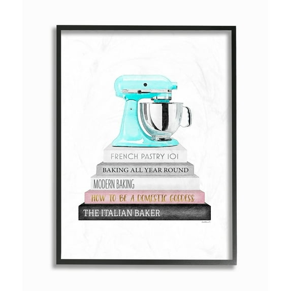 Stupell Grey Pink and Black Fashion Bookstack with Teal Mixer Framed Art, 11 x 14, Proudly Made in USA - Multi-Color 11 x 14