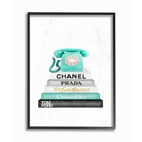 Stupell Grey Teal and Black Fashion Bookstack with Teal Phone Framed Art, 11 x 14, Proudly - Multi-Color 11 x 14
