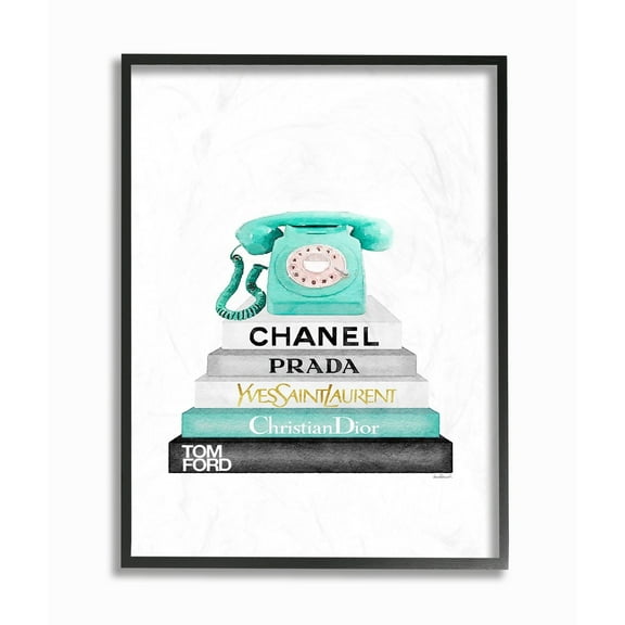 Stupell Grey Teal and Black Fashion Bookstack with Teal Phone Framed Art, 11 x 14, Proudly - Multi-Color 11 x 14