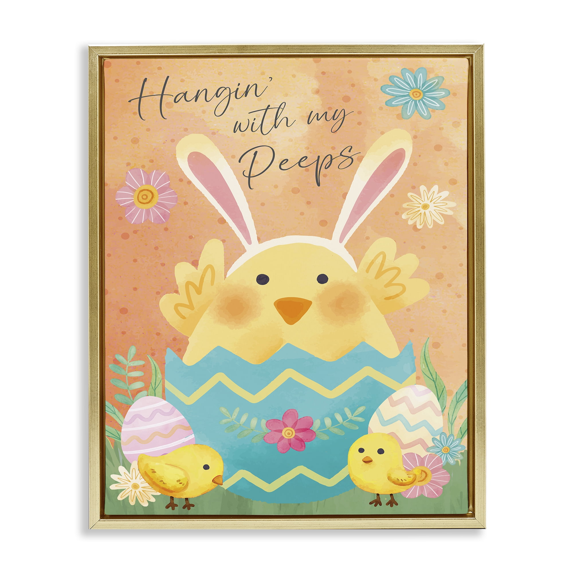 Hangin' With My Peeps Easter Egg Chicks Gold Floating Frame Canvas Art, 25 x 31, By Nicole DeCamp