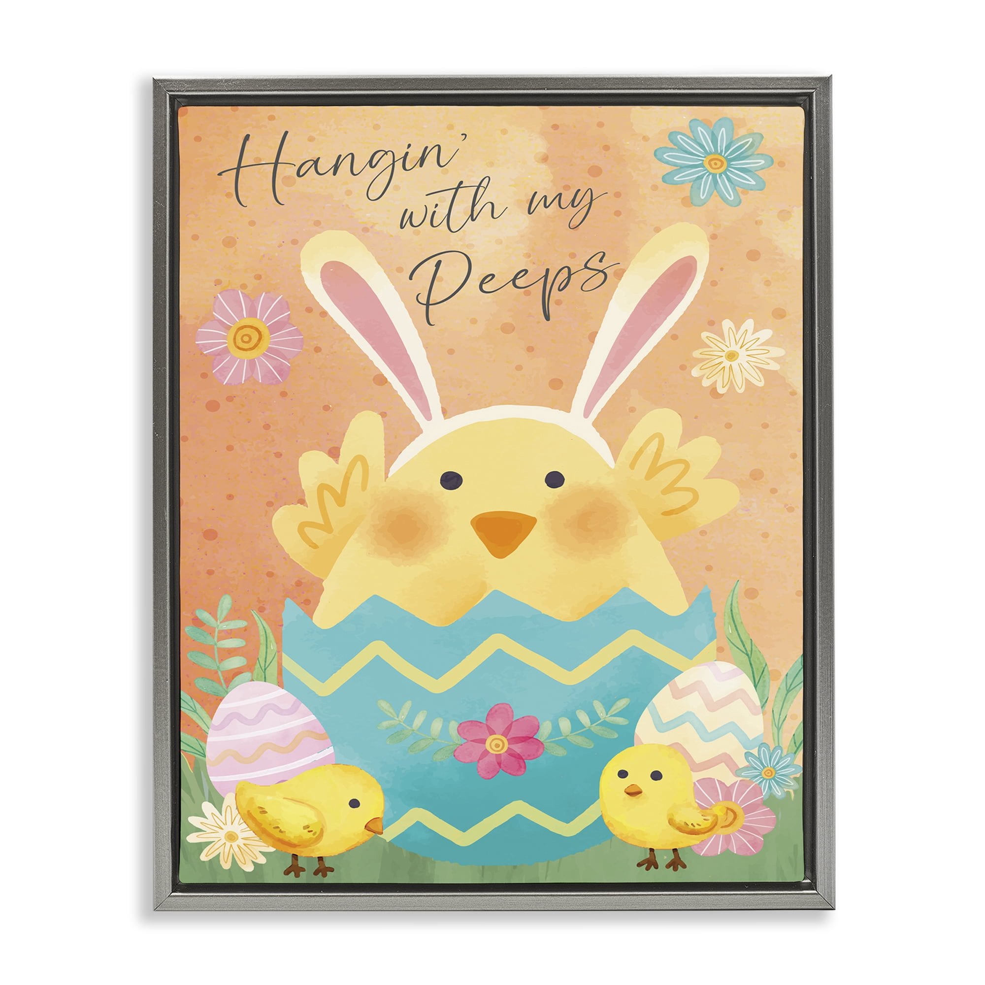 Hangin' With My Peeps Easter Egg Chicks Gray Floating Frame Canvas Art, 17 x 21, By Nicole DeCamp