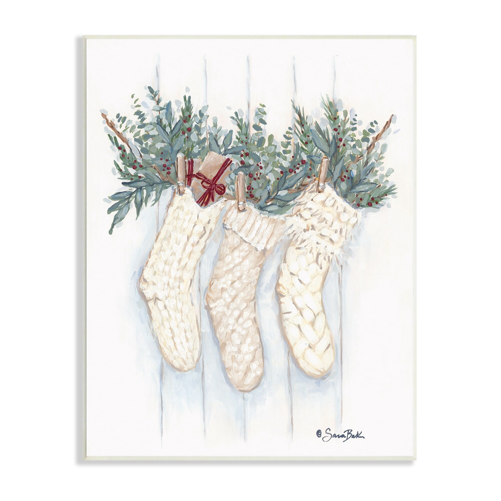 Stupell Hanging White Knit Stockings Festive Holly Detail Wood Wall Art - Multi-Color 10 x 15
