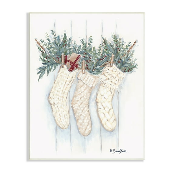 Stupell Hanging White Knit Stockings Festive Holly Detail Wood Wall Art - Multi-Color 13 x 19