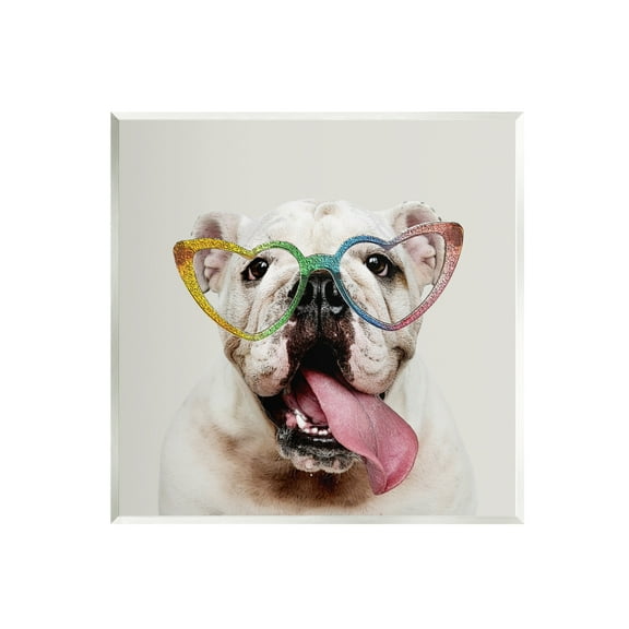 Stupell Happy Bulldog Rainbow Heart Glasses Animals & Insects Painting Wall Plaque Unframed Art Print Wall Art