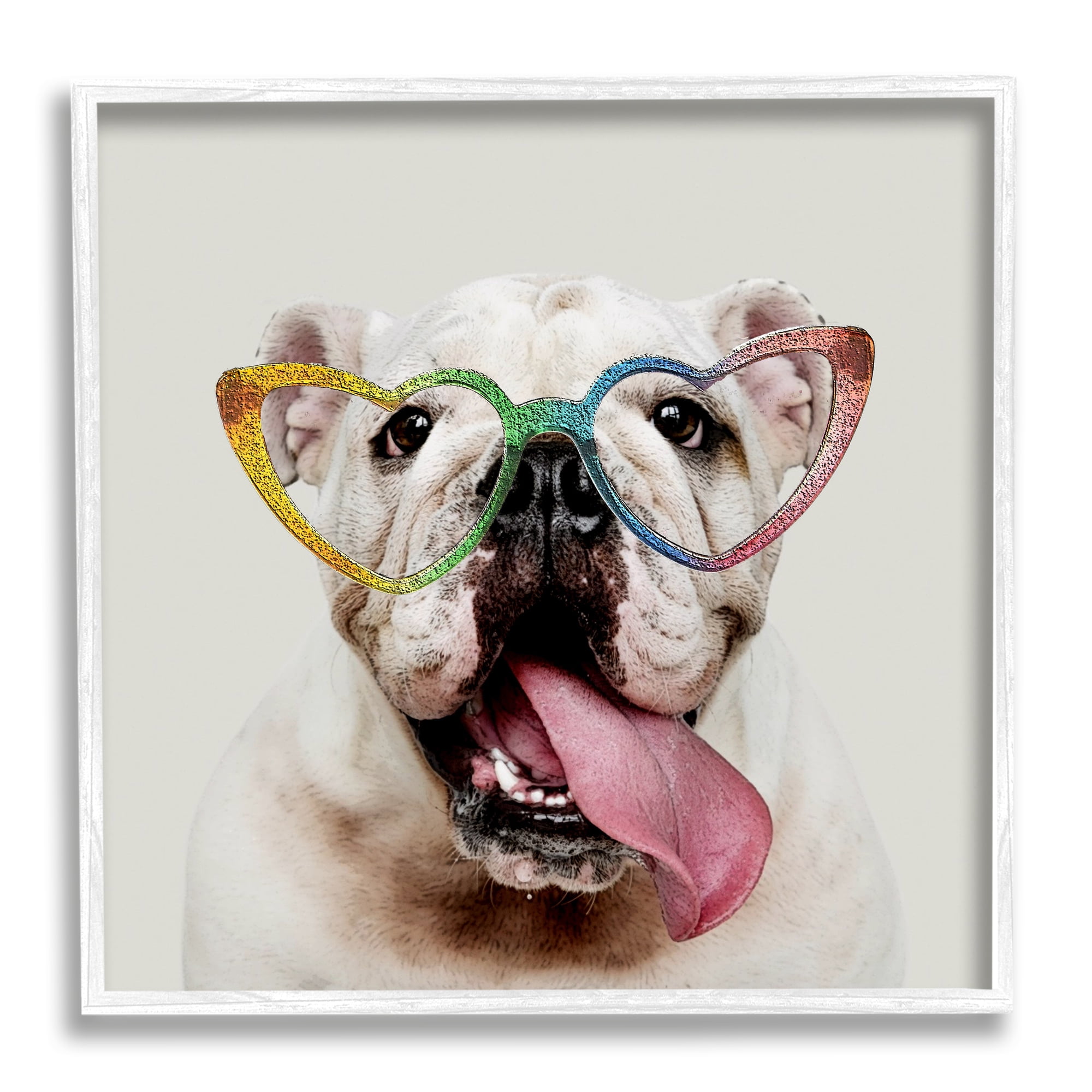 Stupell Happy Bulldog Rainbow Heart Glasses Animals & Insects Painting White Framed Art Print Wall Art