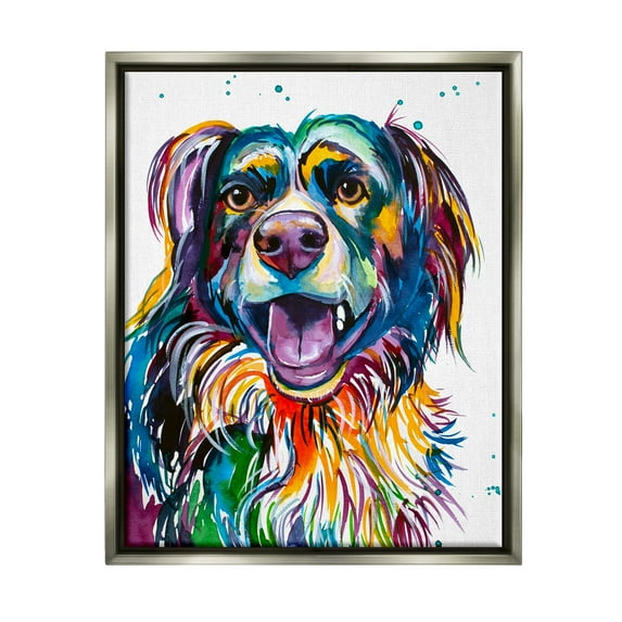 Stupell Happy Dog Bold Rainbow Style Animals & Insects Painting Gray Floater Framed Art Print Wall Art