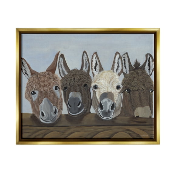 Stupell Happy Donkeys Farmhouse Portrait Animals & Insects Painting Gold Floater Framed Art Print Wall Art