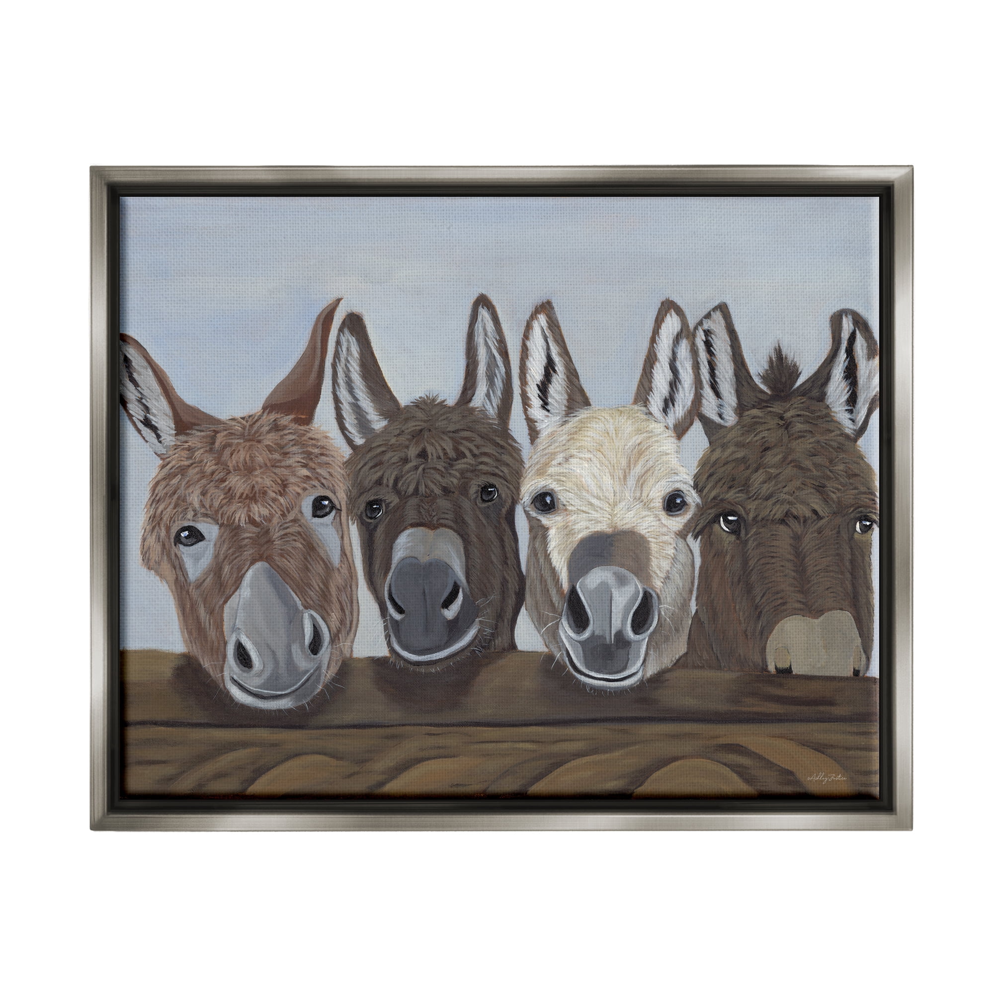 Stupell Happy Donkeys Farmhouse Portrait Animals & Insects Painting Gray Floater Framed Art Print Wall Art