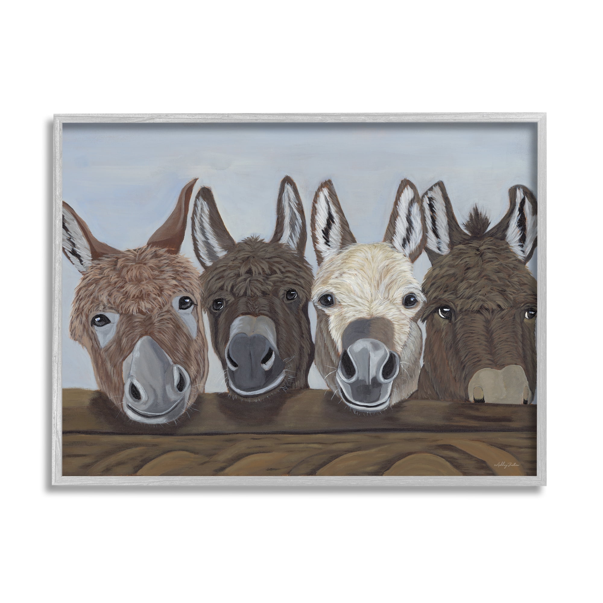 Stupell Happy Donkeys Farmhouse Portrait Animals & Insects Painting Gray Framed Art Print Wall Art