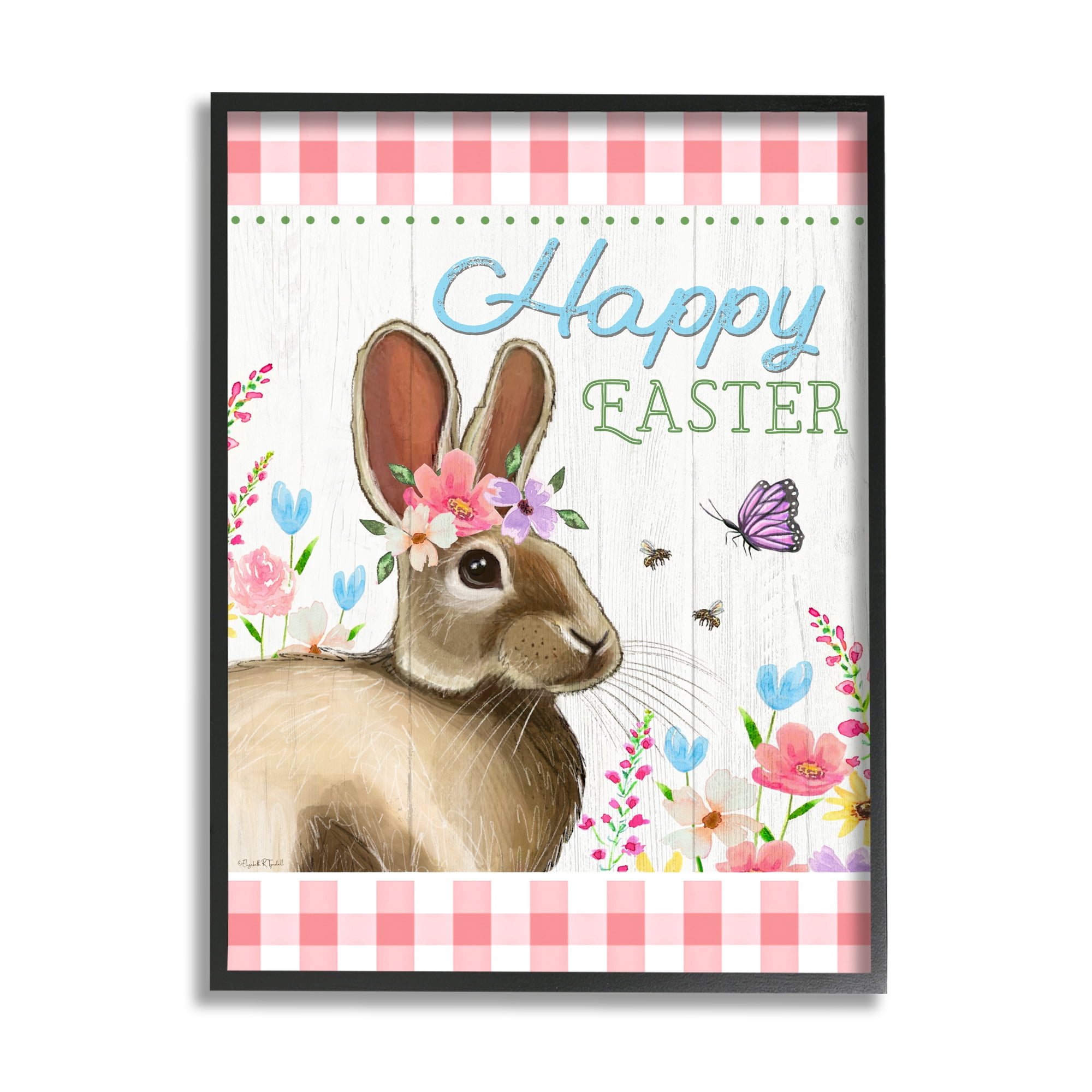 Stupell Happy Easter Floral Gingham Rabbit Holiday Painting Black Framed Art Print Wall Art